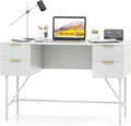 Giantex Modern Desk with 4 Drawers 48 Inch Computer Desk with Storage Heavy-Duty Gold Metal Frame Makeup Vanity Dressing Table White and Gold Desk for Bedroom Study Home Office