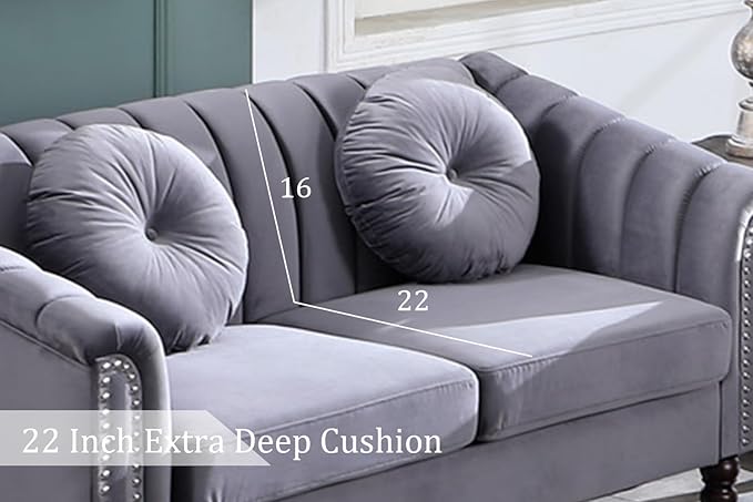 Chesterfield Loveseat Couch 60 Inch Luxurious Velvet Modern Love Seat Chesterfield Settee Sofa Upholstered Rolled Arm with Rivets/2 Button Tufted Pillow 2 Seater Sofa for Living RoomGray