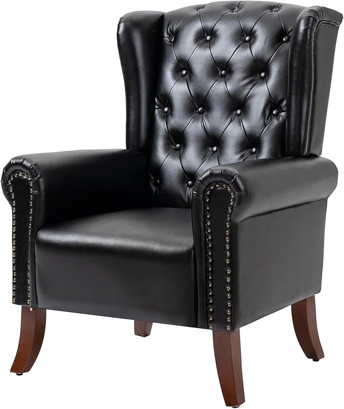 Faux Leather Accent Chair Mid-Century High Back Armchair Upholstered Club Sofa Chair with Wooden Legs Living Room Chair for Bedroom Office Lounge (Black)