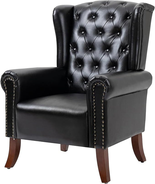 Faux Leather Accent Chair Mid-Century High Back Armchair Upholstered Club Sofa Chair with Wooden Legs Living Room Chair for Bedroom Office Lounge (Black)