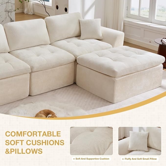 110 Cloud Sectional Couch for Living Room Upholstered L-Shape Modular Sofa with Movable Ottoman 3-Seater Deep-Seat Foam Couch Comfortable Convertible Sectional for Home &amp Apartment（Beige）