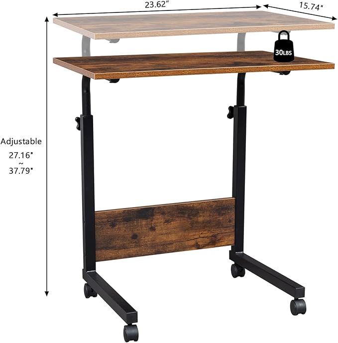 Side Mobile TableComputer Desk with Wheels Height Adjustable Rolling Potable Laptop Cart C-Shaped Bed Couch End Tables for Living Room Bedroom (Retro M)