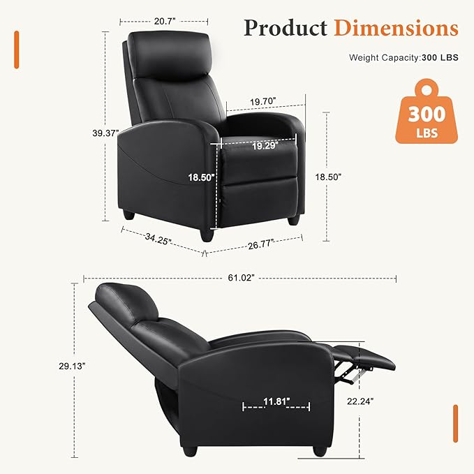 Sweetcrispy Recliner Chair PU Leather Recliner Sofa No Massage Home Theater Seating with Lumbar Support Adjustable Push Back Overstuffed High-Density Sponge Reclining for Living Room Black