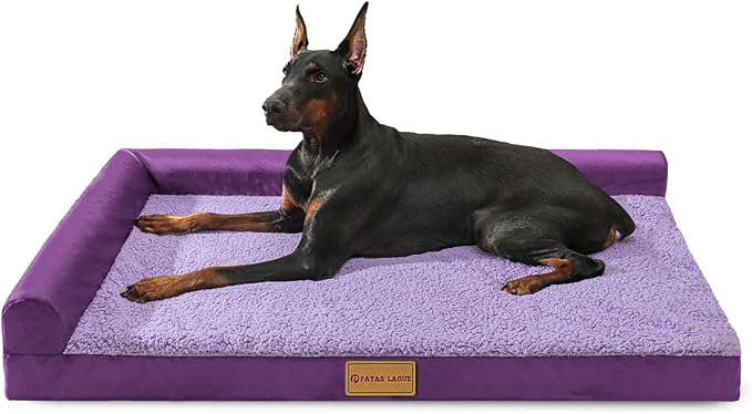 Patas Lague Orthopedic XL Dog Bed Large Sized Dog 42''X28'' Waterproof L Bolster Big Pet Sofa Beds with Removable Washable Cover Soft Comfortable Pet Couch Crate Mat with Nonskid Bottom Purple