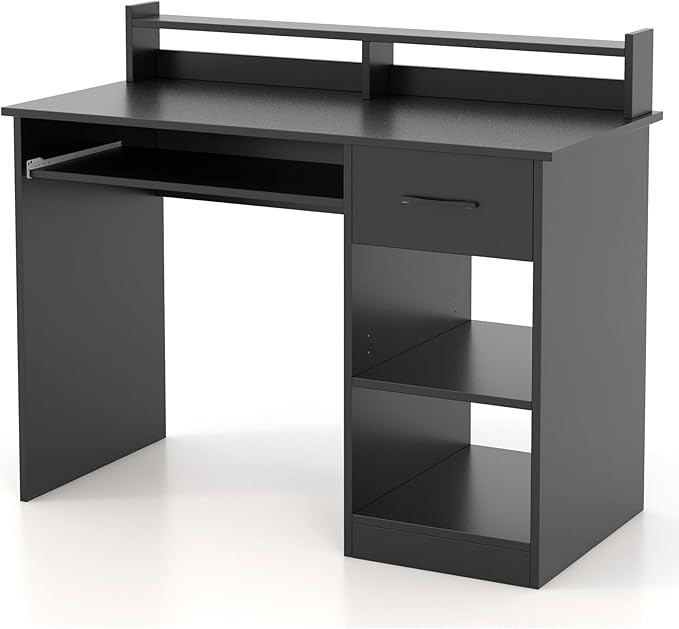 Computer Desk with Drawers Study Table with Storage Shelves Keyboard Tray Wood Makeup Vanity Table Small Desk for Bedroom Study Living Room Home Office (Black 35.5''H)