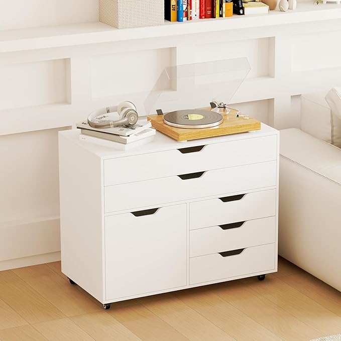MAT EXPERT 5-Drawer Mobile File Cabinet w/Door Lateral Filing Cabinet w/5 Universal Wheels Rolling File Cabinets with Storage Modern Wood Printer Stand for Home Office Living Room Study (White)