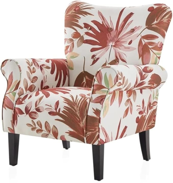 Modern Style Lounge Chair for Living Room | Stylish Wide Armchair Tufted High Backrest with Padded Arms &amp Deeply Thick Cushioned Seat | Durable Wood Manufactured | Aesthetic Look Red Ivory Color