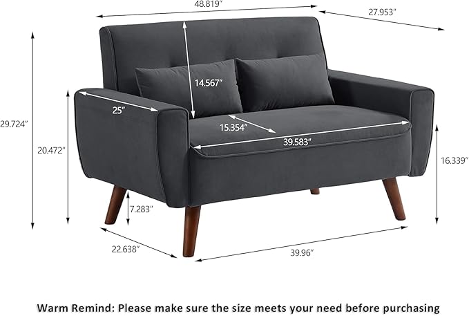 48 Loveseat Sofa 2 Seater Love Seat Mid Century Modern Small Couches for Living Room Bedroom Apartment 2 Throw Pillows and Plastic Legs Dark Grey
