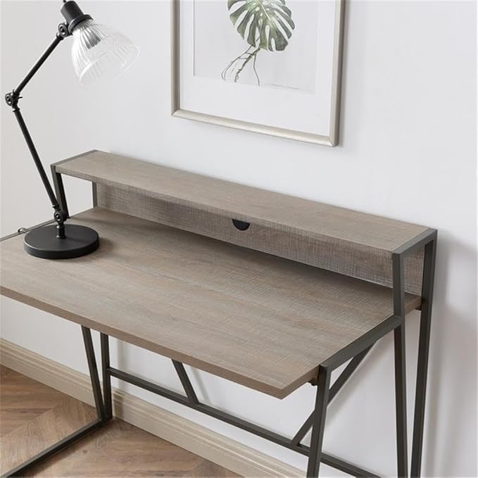 Pemberly Row Writing Desk 44 L x 23.75 W x 36.25 H HPL Worksurface Roughsawn Oak and Gunmetal Finish MDF Shelf with Cable Management Contemporary Style Home Office Desk with Upper Storage
