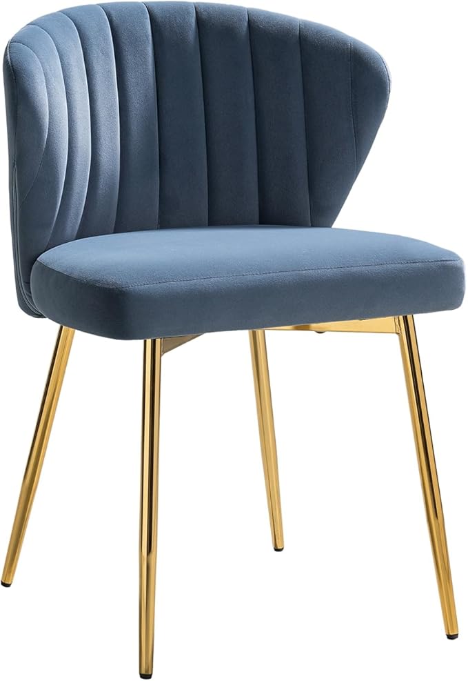 HULALA HOME Velvet Dining Chairs Modern Small Armless Accent Chair with Gold Metal Legs Living Room Upholstered Cute Side Chair Elegant Tufted Back Vanity Chair for Bedroom Slate-Blue