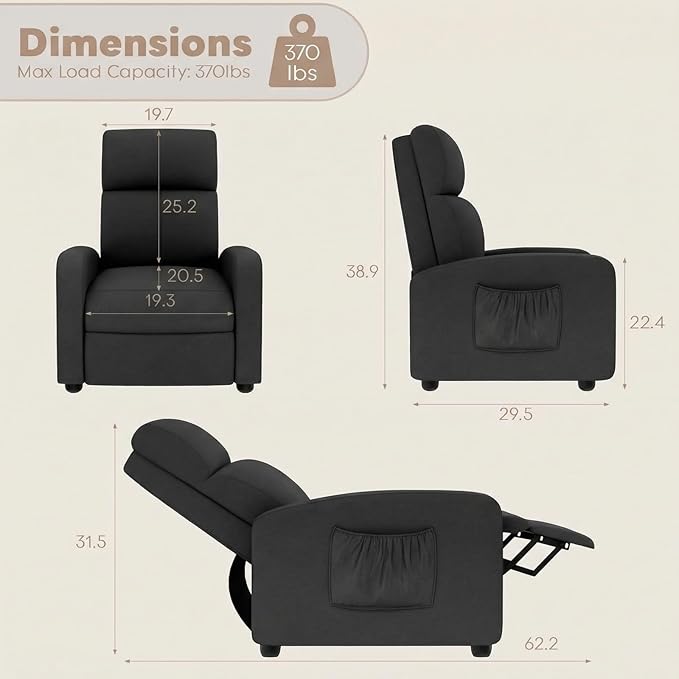 Recliner Chair for Adults Reclining Sofa with Side Pocket Linen Fabric Recliner Sofa with Adjustable Backrest and Footrest Modern Home Theater Seating for Living Room Bedroom