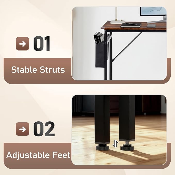 VINGLI 63 Inch Computer Office Modern Simple Gaming Desk with Side Fabric Drawer &amp Hook Up Wear-Resistant Surface Writing Desk Work Desk for Bedroom Living Room Rustic Brown