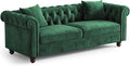 ONBRILL 82 Inch Chesterfield Sofa 23 Inch Deep Seat Velvet Couch for Living Room Button Tufted Couch with Rolled Arms 2 Throw Pillows Comfy Vintage Loveseat Sofa for Apartment Green