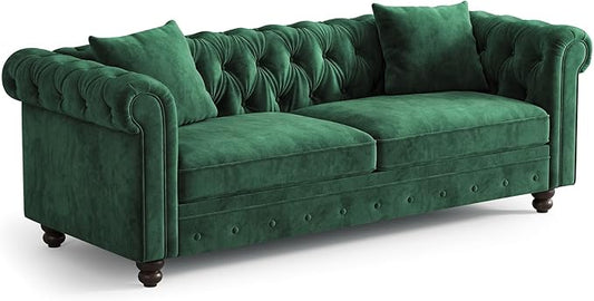 ONBRILL 82 Inch Chesterfield Sofa 23 Inch Deep Seat Velvet Couch for Living Room Button Tufted Couch with Rolled Arms 2 Throw Pillows Comfy Vintage Loveseat Sofa for Apartment Green