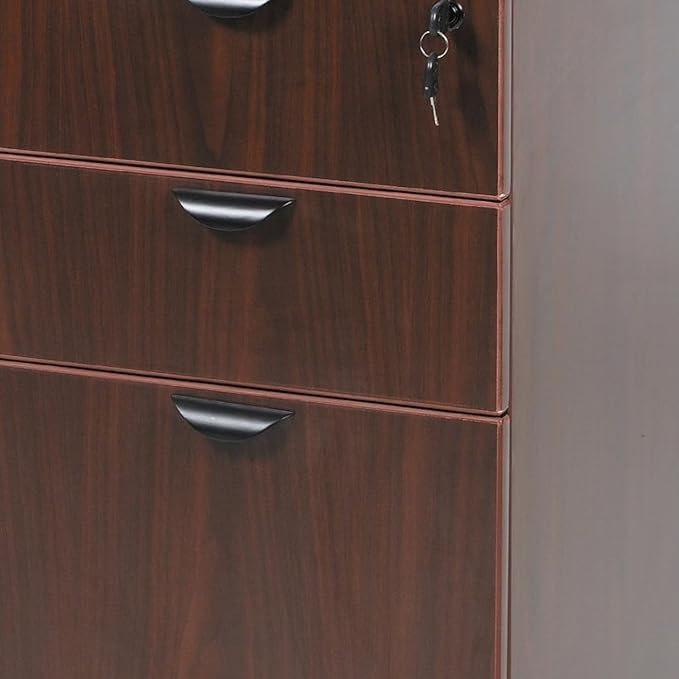 Mahogany Deluxe Full Pedestal Box File Configuration Thermal Fused Melamine Construction 3mm PVC Edge Banding Scratch Resistant Finish Full Extension Ball Bearing Slides Contemporary Design