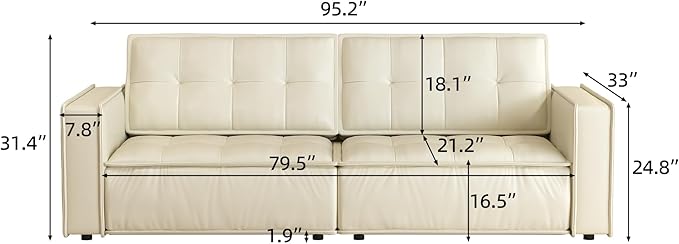 Beige Leather Sofa Couch 95 Modern 3-Seater Living Room Furniture with Easy-to-Clean Upholstery High Resilience Cushions Solid Wood Frame Comfortable Couch for Apartment &amp Home