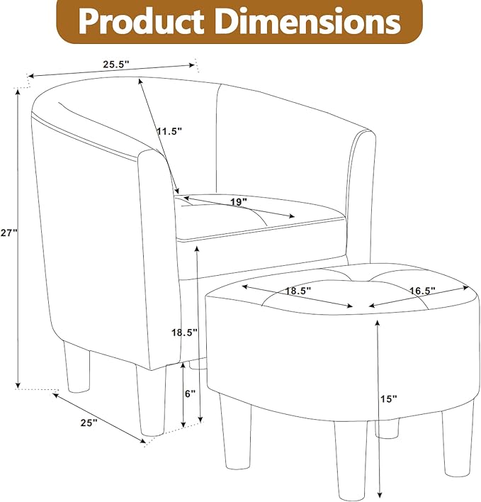 25” Fabric Upholstered Accent Chairs with Ottoman Comfy Barrel Chair with Tufted Seat for Adults Cozy Reading Chairs with Round Back for Living Room Bedroom Small Spaces (Gray) (Gray)
