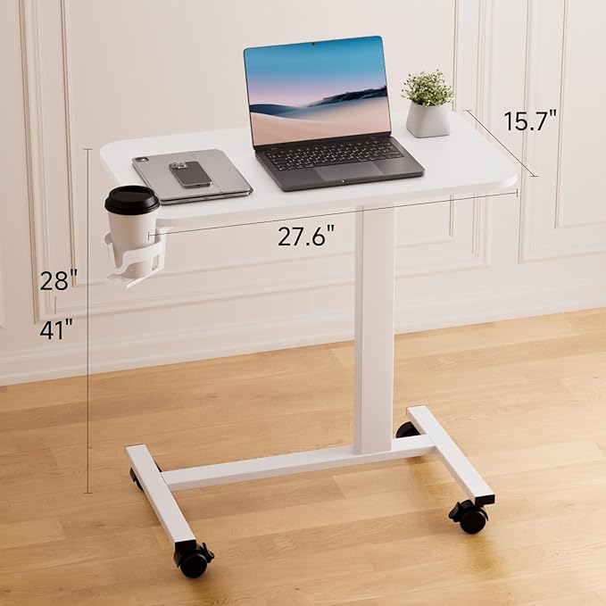 GTPLAYER Small Standing Desk with Lockable Wheels Pneumatic Mobile Rolling Laptop DeskAdjustable Height Overbed Bedside Table Computer Workstation for Home Office (28 W x 16 D White)