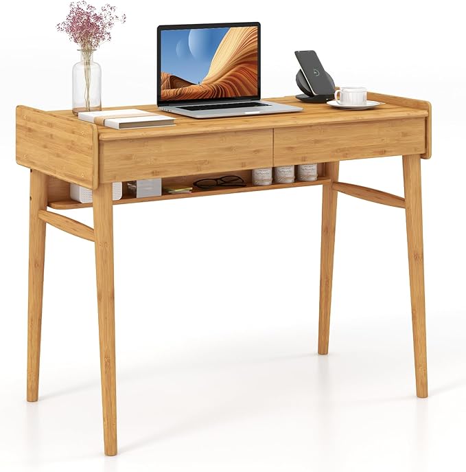 Giantex Computer Desk 39.5 Bamboo Home Office Desk with 2 Storage Drawers and Open Shelf Makeup Table Vanity Desk Modern Writing Desk Computer Workstation for Bedroom Study Natural