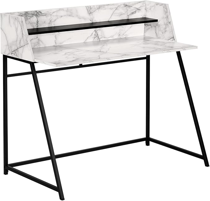 Penau Computer Desk for Home Office Contemporary Design 48l White Marble Look Laminate with Black Metal Base