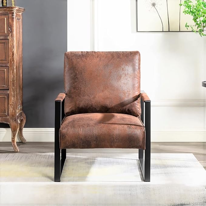 Classic Mid Century Modern Accent Chair with Square Metal e Armchair for Living Room Bedroom Home Office in Spotted Microfiber Upholstery Brown