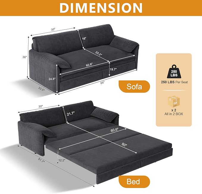 66 Queen Size Sofa Bed 3 in 1 Convertible Pull Out Sleeper Sofa with Thicked Cushions and Side Storage Velvet Loveseat Couch for Home Living Room Bedroom Apartment Lounge Small Spaces Grey