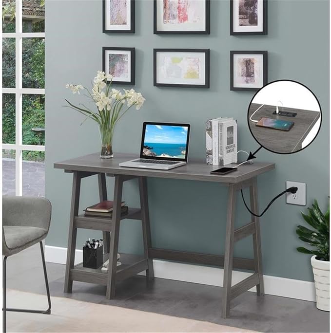 Pemberly Row Trestle Desk with Charging Station 47 x 20 x 29.25 in Particle Board and MDF Gray Wood Finish 2 Shelves 2 USB Ports 2 Plug Outlets Contemporary Home Office Desk