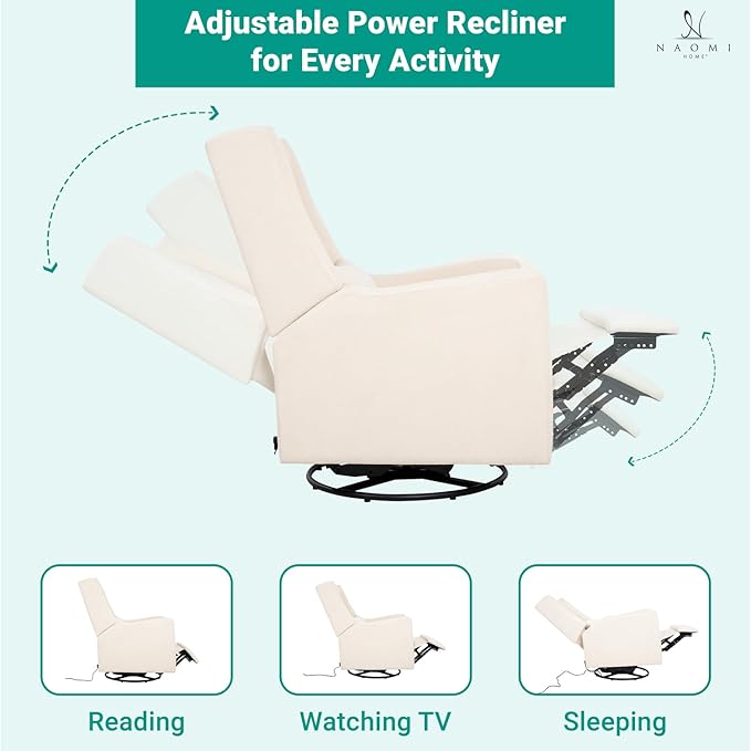 Naomi Home Tanya Luxury Motion Recliner Chair Cream – Plush Upholstered Glider Rocker with USB Charging Swivel and Lumbar Support for Nursery Comfort 275 lbs Capacity