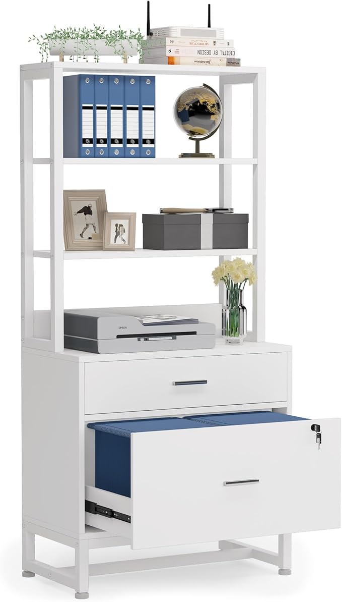 Tribesigns 2 Drawer Vertical File Cabinet with Lock &amp Bookshelf Letter Size Large Modern Filing Cabinet Printer Stand with Open Storage Shelves for Home Office White