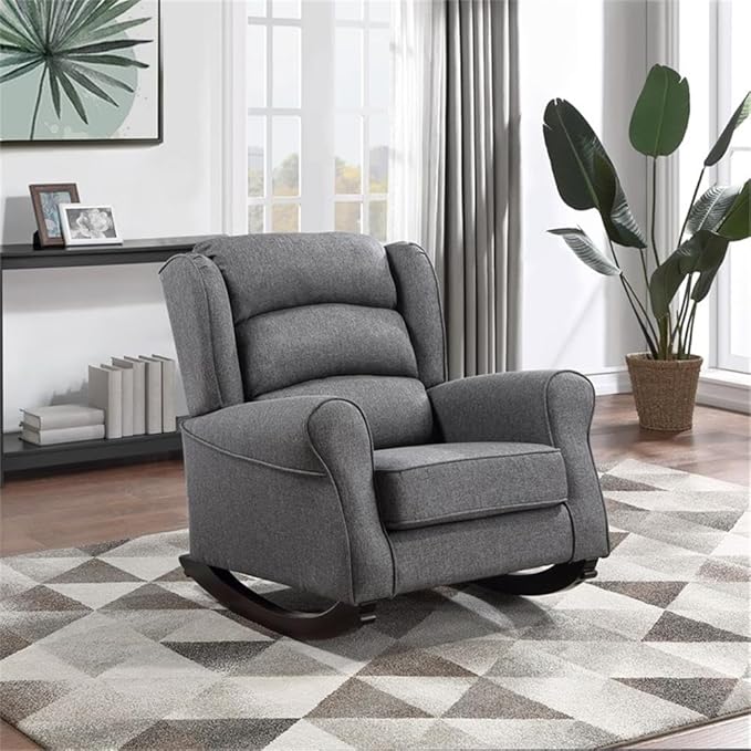 Pemberly Row Upholstered Fabric &amp Wood Rocking Chair Gray Finish 36 H x 40 W x 34 D Pocket Coil Seat Wooden Legs Rolled Arms Channel Back Living Room Seating