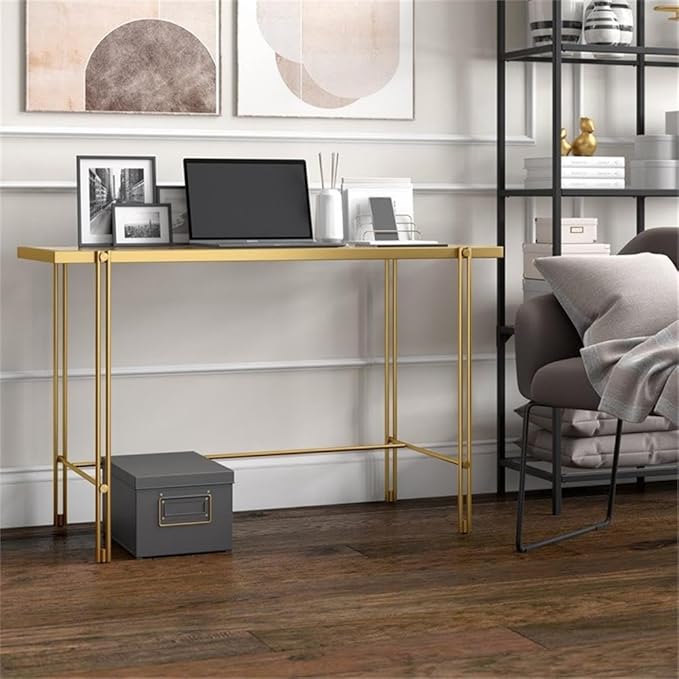 Pemberly Row Contemporary 48 Home Office Desk Brass Finish Metal Frame Tempered Glass Top Streamlined Modern Style Open Lower Space Ideal for Home Office Game Room or Vanity Area