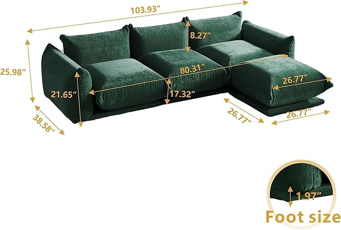 JACH 103 L-Shaped Sectional Sofa Modular Minimalist Chenille Sofas Couches Luxury Modern Couch with Reversible Chaise Ottoman for Living Room Apartment Green