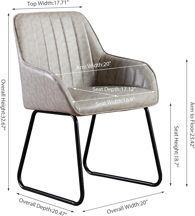 Vanity Art Mid Century Modern Accent Chair with Arms Upholstered Synthetic Faux Leather Chair for Living Room Bedroom Reading Area Comfy Dining Chairs Set of 2 (Grey) UC-15G