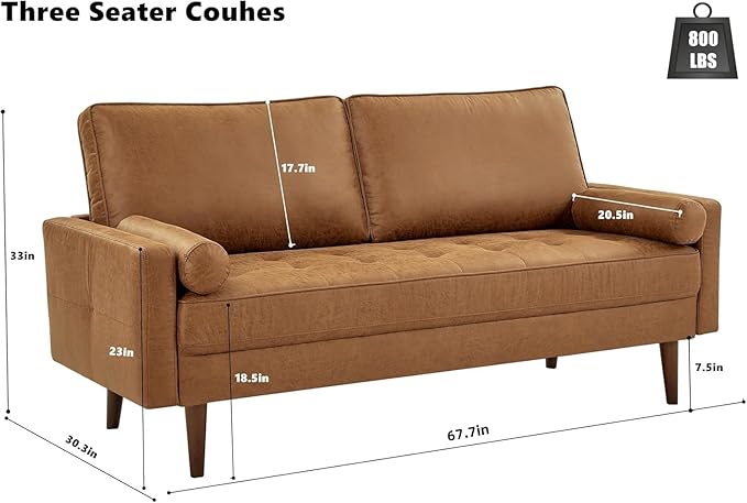 HIFIT 68 Faux Leather Couch Mid Century Modern Sofa Couch w/Tufted Deep Love Seat 2 Pillows &amp Solid Wood Frame Home Sofa Living Room Small Couches for Small Space Bedroom Office Apartment B