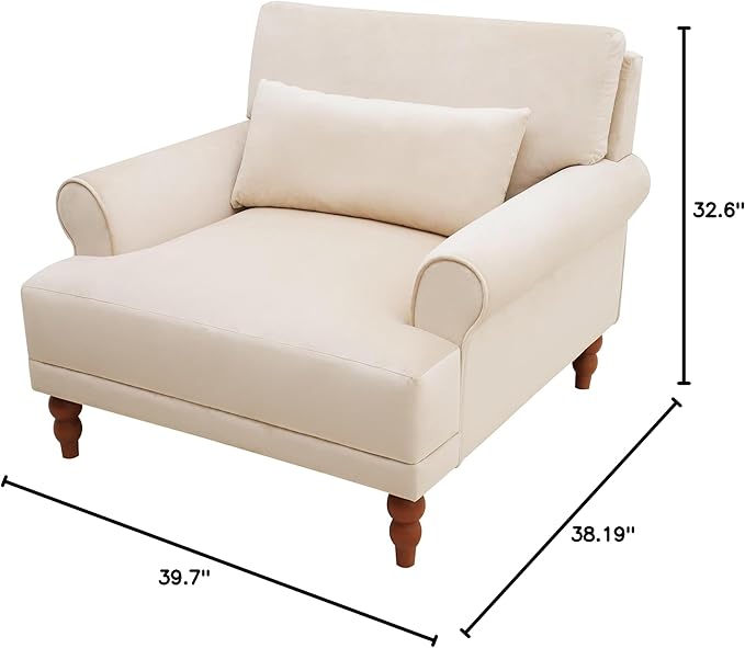 Beige Velvet Accent Arm Chair with Solid Wood Legs | Ergonomic Lumbar Support Cozy French Country Chic Large Lounge Chair for Living Room Bedroom Study