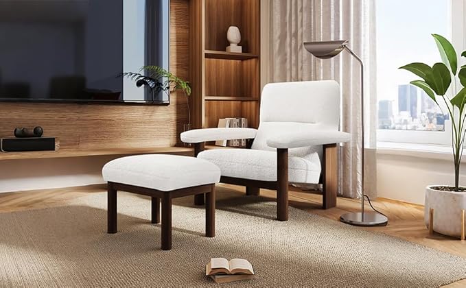 Modern Accent Chair with Ottoman Mid Century Lounge Chair with footrest Comfy Fabric Armchair Upholstered Set with Solid Wood e for Living Room