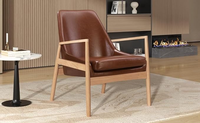 PU Leather Accent Chair Mid Century Modern Armchair with Solid Wood e Reading Leisure Chair with High Back for Living Room