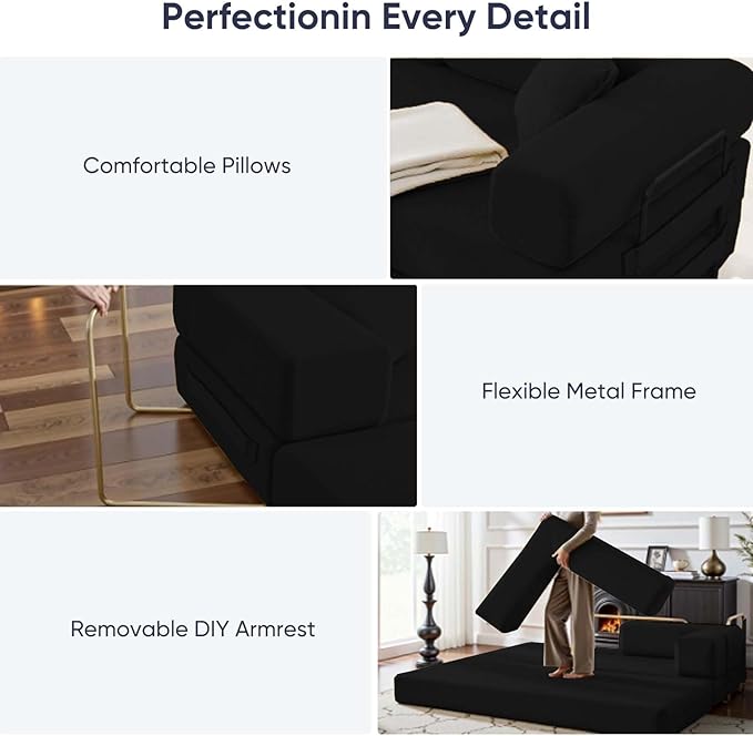 ijuicy 4-in-1 King Convertible Floor Sofa Bed w/ 2 PillowModular Sleeper Sofa/Folding Futon Couch Bed w/Cylindrical Backrest and Fixed FrameLounge CouchCorduroy Compression Sofas for Home-Black
