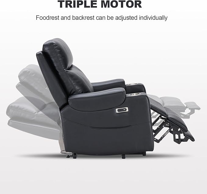 Triple Motor Power Lift Recliner Chair with Adjustable Lumbar Support Lay Flat Recliner for Elderly Breathable Black Lift Chair Leather Recliner Massage &amp Heating USB Ports Cup Holders