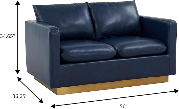 LeisureMod Nervo Modern Upholstered Leather Loveseat Sofa 2-Seater Living Room Couch with Gold Metal Base and Removable Cushions Small Space Furniture for Living Room Office Navy Blue