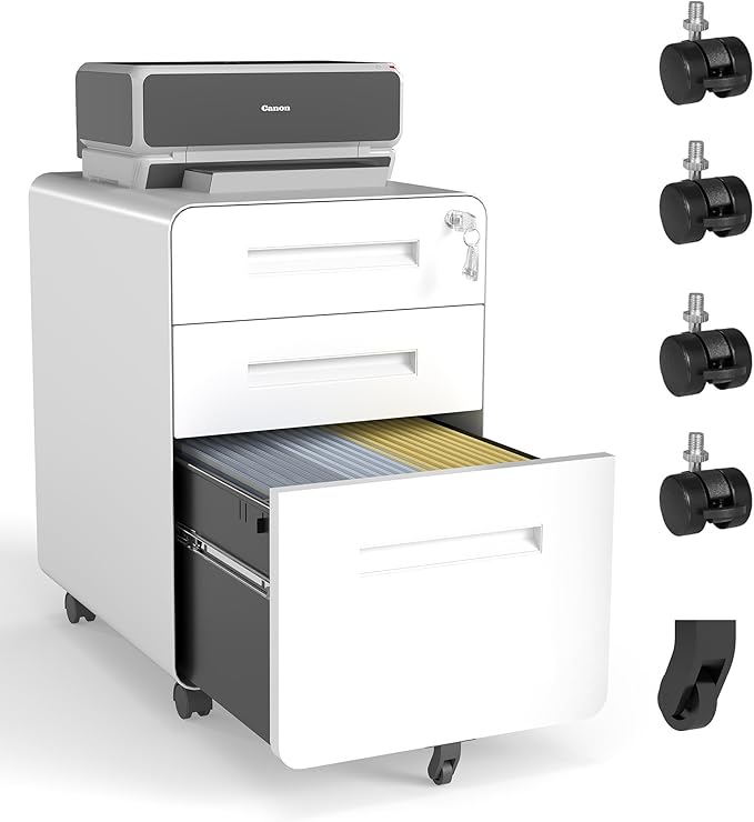 3 Drawer Wide Mobile Small File Cabinet with Lock Under All-Steel Metal Storage Cabinets on CastersDesk Storage Cabinet Organizer Filing Cabinets for Home Office Locking DrawersWhite