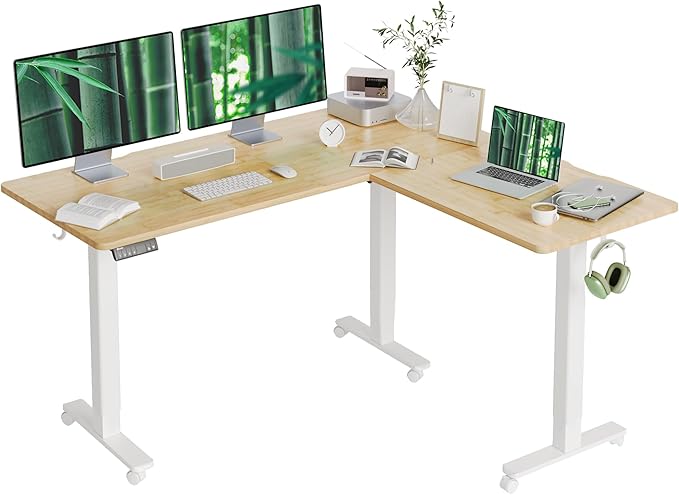 Claiks L Shaped Standing Desk Adjustable Height Dual Motor Electric Corner Standing Desk 63x55 inch with Splice Board Bamboo