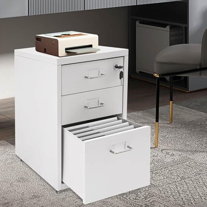 Metal Mobile File Cabinet Rolling Steel Vertical File Cabinet Filing Storage Organizer with Lock and Wheel for Home Office Legal/Letter Size 3-Drawer White
