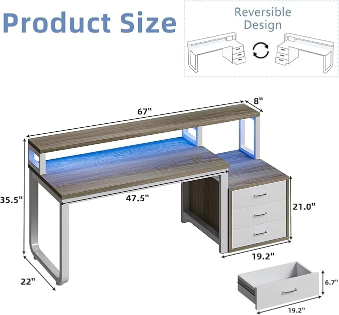 67'' Home Office Desk with Drawers Computer Desk with Drawers and LED Lights Long Desk with Moniter Stand White and Walnut