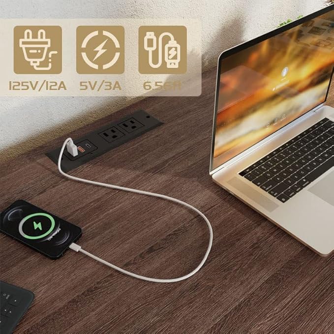 kevinplus Modern Mid-Century Desk with Drawer 46.8'' with Fast Charge USB Port &amp Power Outlet Study PC Computer Writing Desk with Type-C Ports Charging Station Home Office Desk Walnut &amp Dar