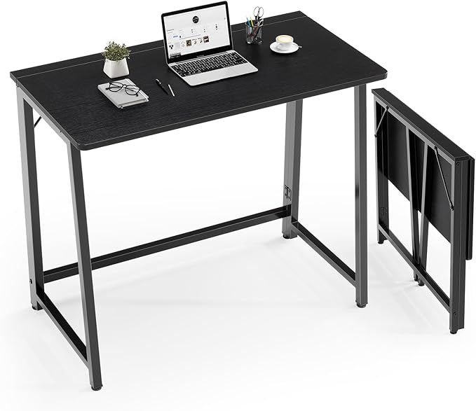 DUMOS 31.5 Inch Folding Desk Foldable Computer Table for Small Spaces Metal Frame Gaming Writing Work Station Mini Home Office Surface Black
