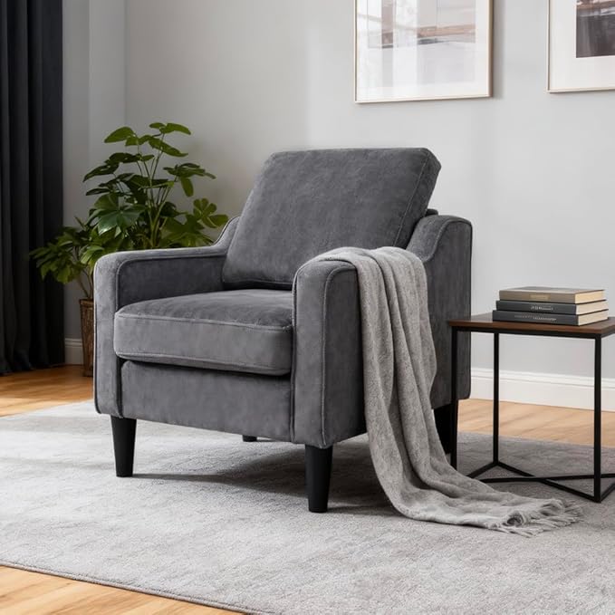 Accent Chair for Living Room Mid-Century Armchairs for Small Spaces Chenille Upholstered Comfy Reading Armchair with Studded for Bedroom (Grey-A)