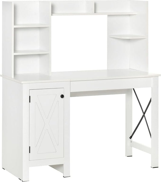 Farmhouse Computer Desk with Hutch and Cabinet Home Office Desk with Storage for Study White
