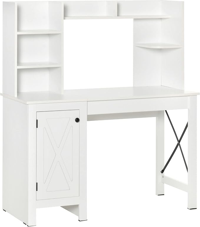 Farmhouse Computer Desk with Hutch and Cabinet Ample Storage Space Home Office Desk with Storage for Study White