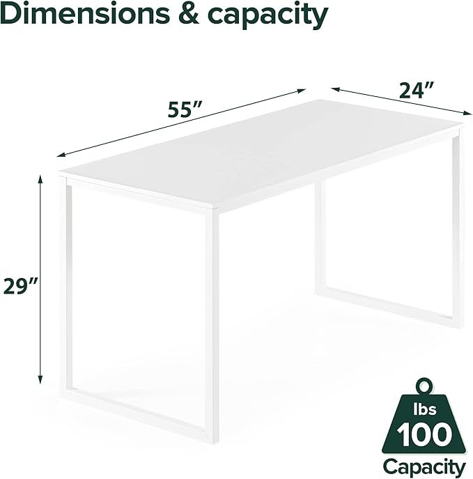 Zinus Jennifer 55 Inch White Frame Desk Computer Workstation Office Desk Easy Assembly White